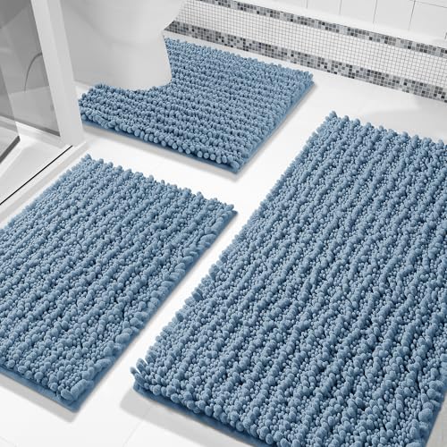 Yimobra Bathroom Rug Set 3 Piece, Super Absorbent Bath Mat Set, Denim Blue - color: Denim Blue, size: 24"x20" + 30"x20"+ 44"x24"