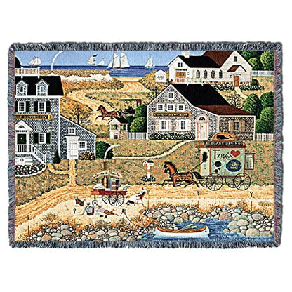Pure Country Weavers Salty Witch Bay Blanket by Charles Wysocki - Early America Coastal Ocean Beach Gift Tapestry Throw Woven from Cotton - Made in the USA (72x54) - color: Salty Witch Bay