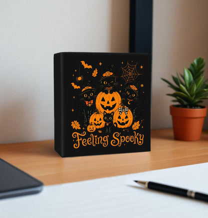 Halloween Pumpkin Black Cat Wooden Box Decorative Sign 5x5 Inch - color: F