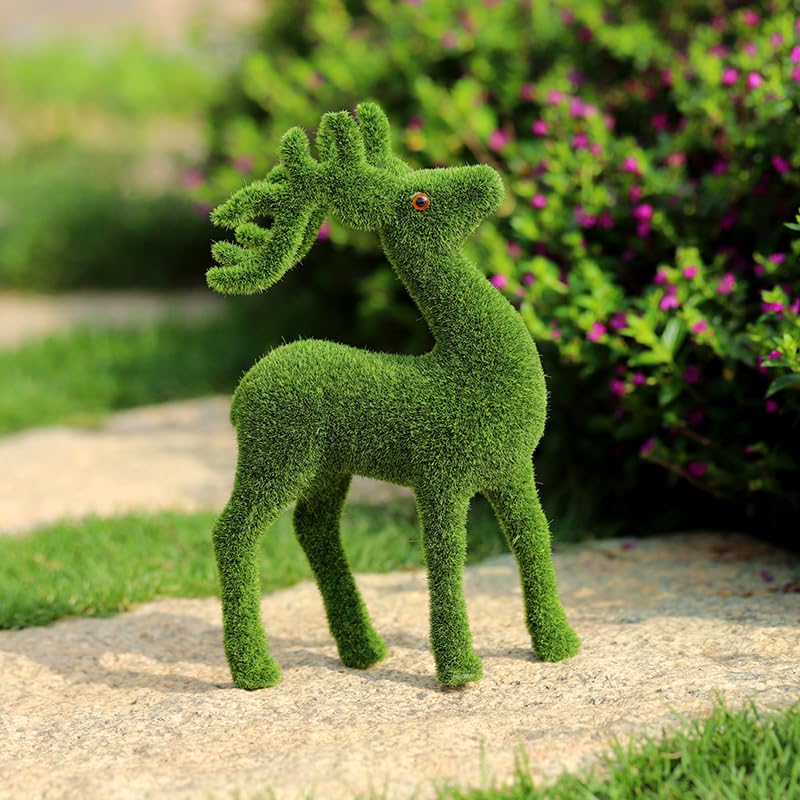 Decorative Moss Reindeer Figurines, Set of 4 - Green Flocked Deer Statues for Woodland Christmas Table Centerpiece, Indoor Mantel Shelf and Garden Decor