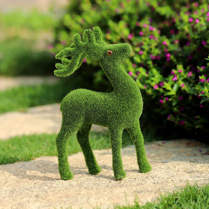 Decorative Moss Reindeer Figurines, Set of 4 - Green Flocked Deer Statues for Woodland Christmas Table Centerpiece, Indoor Mantel Shelf and Garden Decor