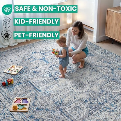 Bloom Rugs Washable Non-Slip 7 ft Runner - Blue/Gray Traditional Runner for Entryway, Hallway, Bathroom, and Kitchen - Exact Size: 2.5' x 7' - color: Blue / Gray, size: 2'6" x 7' (Runner)