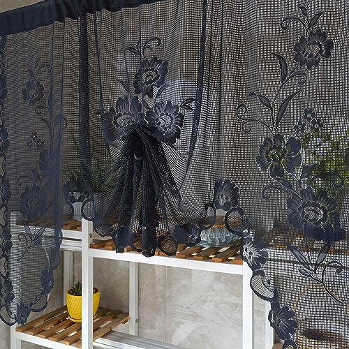 2pcs Black Floral Embroidery Sheer Lace Curtain Valance - color: Black, size: 39"W x 39"L (Pack of 2)