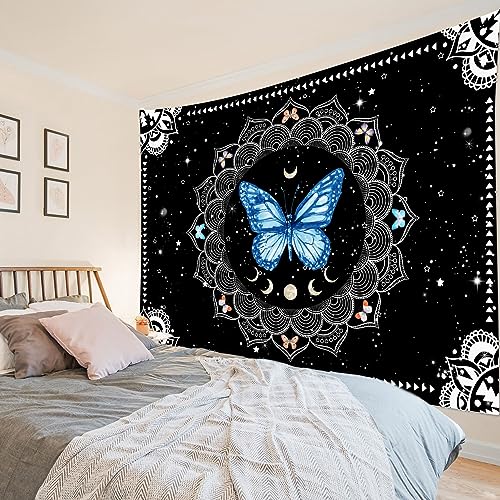 LB Butterfly Mandala Wall Tapestry Blue Butterfly Black and White Mandala Bohemian Tapestry Wall Hanging Star Moon Phase Aesthetic Wall Art for Bedroom Living Room Home Decor 92.5Wx70.9L Inches - color: Blue, size: 70.9"L x 92.5"W
