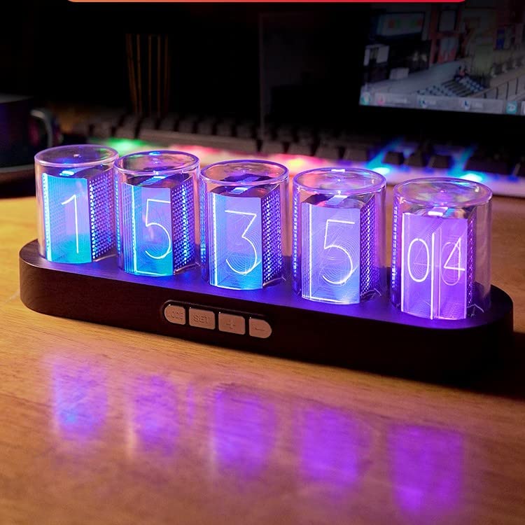 Adventurers Simulation Nixie Tube Clock, RGB Desk Clock, LED Tube Desk Clock with Imitation Wood Base & 24 Hour Clock, Suitable for Decorating Under Computer Monitor & on Bedside Table in Bedroom