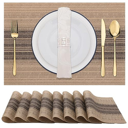Winknowl Placemats Set of 8, Washable Vinyl Woven Placemats, Heat Resistant & Wipeable Table Mats for Kitchen Dining Table (Brown) - color: Black and Brown, size: Set of 8