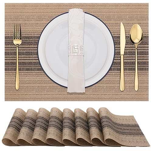 Winknowl Placemats Set of 8, Washable Vinyl Woven Placemats, Heat Resistant & Wipeable Table Mats for Kitchen Dining Table (Brown) - color: Black and Brown, size: Set of 8