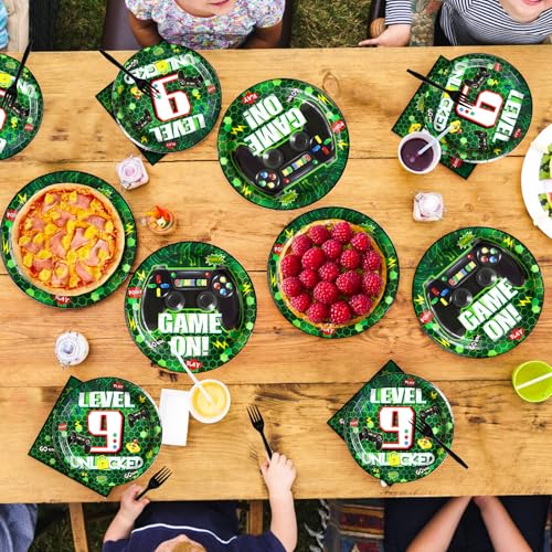 96 Pcs Video Game 9th Birthday Party Decorations for Boy, Serves 24 - style: Green Video Game 9th Kit