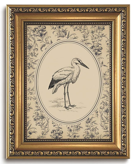 Vintage Heron Gold Framed Canvas Wall Art 8x10 | Vintage French Country Wall Decor, Heron Floral Canvas Print, Neutral Cottagecore Bird Picture - color: Blue stork, size: 10"L x 8"W