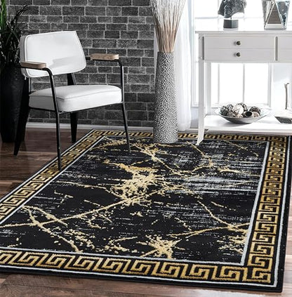 GLORY RUGS Area Rugs Marble 2x7 Black Gold Carpet Modern Abstract Rug Living Room Dining Bedroom Rug - color: Black, size: 2' x 7' (Rectangular)
