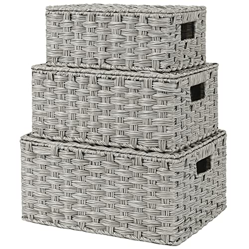 GRANNY SAYS Wicker Basket with Lid, Wicker Storage Baskets for Shelves - color: Gray, size: 3 Pack