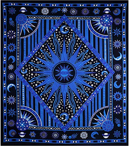 THE ART BOX Blue Mandala Sun and Moon Wall Aesthetic Tapestry – Celestial Cotton Hanging for Bedroom Decor - color: Blue, size: 54"L x 60"W