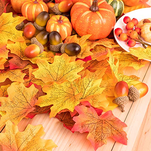 Whaline 160 Pcs Fall Decorations for Home Autumn Artificial Maple Leaves Harvest Pumpkins Gourds Acorns and Orange Berry Stems Set for Thanksgiving Halloween Home Table Decoration Party Backdrop
