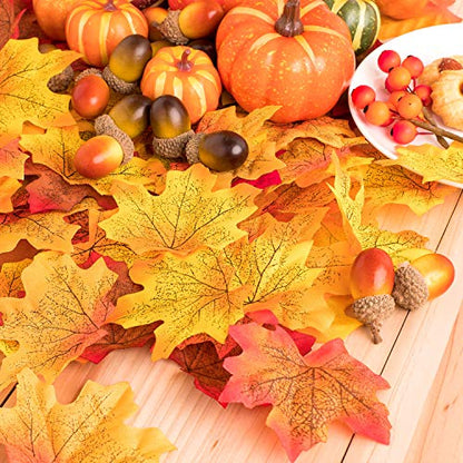 Whaline 160 Pcs Fall Decorations for Home Autumn Artificial Maple Leaves Harvest Pumpkins Gourds Acorns and Orange Berry Stems Set for Thanksgiving Halloween Home Table Decoration Party Backdrop