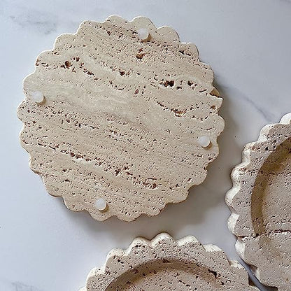 Travertine Marble Tray Round Scalloped Tray Small Serving Platter for Counter, Bathroom, Kitchen, Nightstand, Jewelry Ring Dish Holder (Beige Travertine) - color: Beige Travertine