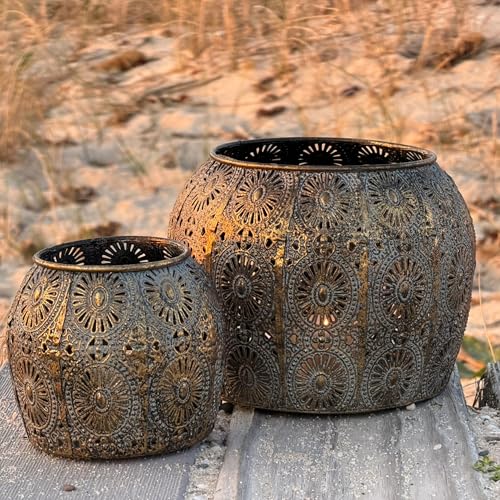 2 Piece Daisy Hurricane Lantern Set, Distressed Gold