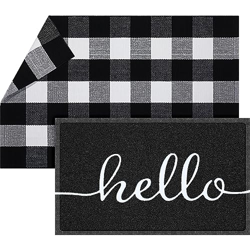 Geelin 2 Pcs Layered Hello Doormat, Black and White Buffalo Plaid Rug Set - style: Hello