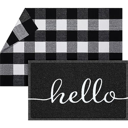 Geelin 2 Pcs Layered Hello Doormat, Black and White Buffalo Plaid Rug Set - style: Hello