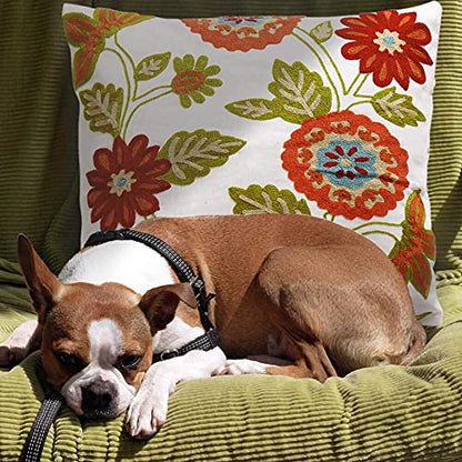 Throw Pillow Case Covers 18x18 inch Set of 2 Decorative Floral Embroidered Design on Solid Natural White Background for Couch, Sofa, Bed - Cushion Not Included