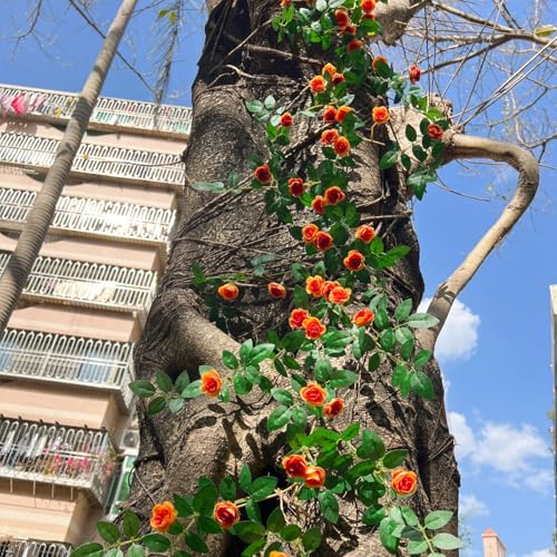 2X 6FT Fake Rose Garland, Flower Garland,Artificial Flower wild Rose Vine - color: Yellow-orange, size: 2