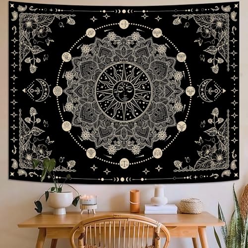 Lunerfex Sun and Moon Mandala Tapestry Boho Tapestry for Bedroom Black and White Tapestries Wall Hanging Living Room Wall Art and Home Decor 60x80 - color: Black and White, size: 80"L x 60"W