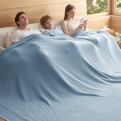 Bedsure Lightweight 100% Cotton Waffle Blanket, 120x94, Celestial Blue - color: Celestial Blue, size: Oversized King (120" X 94")
