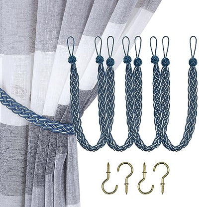 Home Queen Hand Braided Curtain Tie Back, Buckle Holdback Drapery Curtain Tiebacks, 4 Rope Belt Curtain Tie with 4 Metal Hooks, Navy and Silver - color: Navy+silver, size: 4 Pack