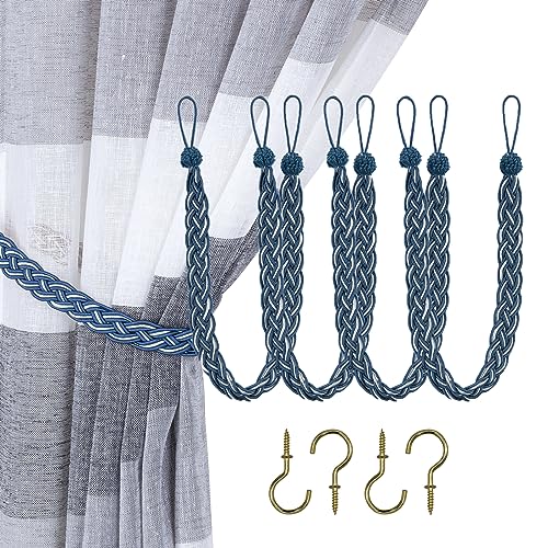 Home Queen Hand Braided Curtain Tie Back, Buckle Holdback Drapery Curtain Tiebacks, 4 Rope Belt Curtain Tie with 4 Metal Hooks, Navy and Silver - color: Navy+silver, size: 4 Pack