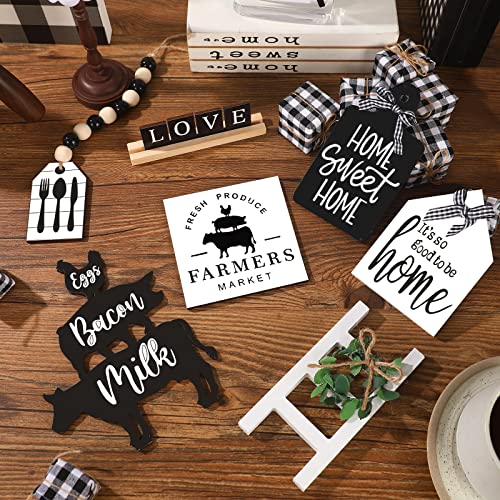 Fairysandy 11 Pcs Home Tiered Tray Decor Black White Rustic Wooden Signs - style: Rustic
