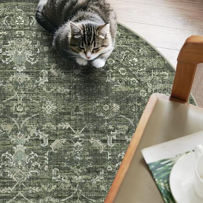 4ft Round Washable Office Rug Non-Slip Retro Dark Green Throw Carpet - color: Dark Green, size: 4' (Round)