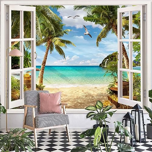 Leeisysme Beach Landscape Tapestry, Tropic Ocean Sea Island Palm Tree Seaside Tapestries for Living Room Summer Window Wall Hanging 60×80 Inch - color: Tree, size: 80"L x 60"W