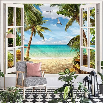 Leeisysme Beach Landscape Tapestry, Tropic Ocean Sea Island Palm Tree Seaside Tapestries for Living Room Summer Window Wall Hanging 60×80 Inch - color: Tree, size: 80"L x 60"W