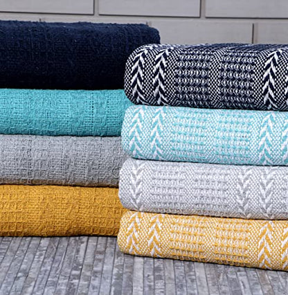 Cotton Throw Blankets - Set of Two - 50"x60" - Turquoise & Striped with Fringe - Rustic Ottoman & Batik Chair Blanket - Picnic Throw - color: Turquoise
