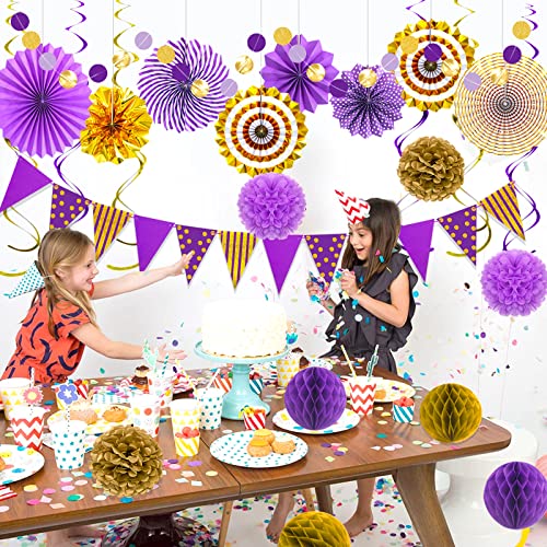 24 Pcs Purple Gold Party Decorations, Paper Fans Pom Poms Banner - color: Purple Gold