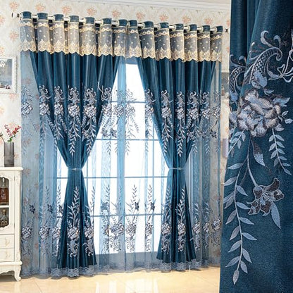 Amidoudou 1 Pair European Double Layer Curtains for Living Room Bedroom Luxury Peacock Flower Embroidered Curtains with Valance (Blue,51x84 Inch) - color: Blue, size: 51"W x 84"L (Pack of 2)