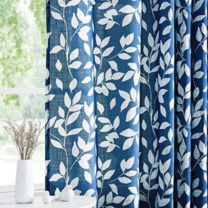 White Blue Leaf Semi Sheer Curtains 52x72" Living Room Window Panels 2pcs - color: Navy, size: 52"W x 72"L (Pack of 2)