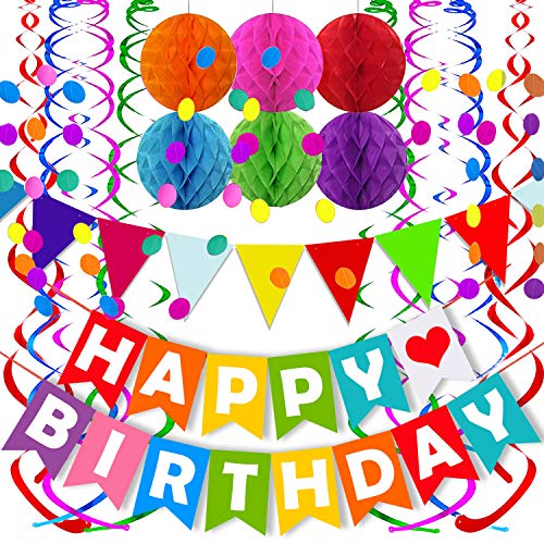 FECEDY Colorful Happy Birthday Banner Paper Triangle Flag Bunting Circle Confetti Dots Hanging Garland And Honeycomb Ball Swirl Streamers for Birthday Baby Shower Party Decoration - color: Multicolor 4