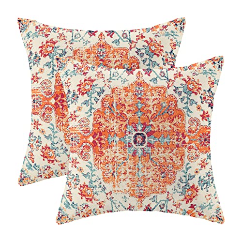 AEIOAE Boho Pillow Covers 16x16 Inch Set of 2,Carpet Pattern Throw Pillows Case,Orange Blue Ethnic Design Outdoor Decorative Square Linen Farmhouse Decor Cushion Covers for Home Sofa Bed Couch - color: Orange Blue Boho, size: 16" x 16" (Pack of 2)