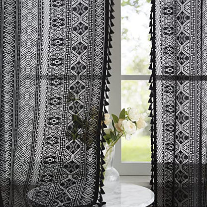 Black Boho Sheer Lace Window Curtains with Tassel, 40" Wx95 Lx2 - color: Black, size: 40"W x 95"L (Pack of 2)
