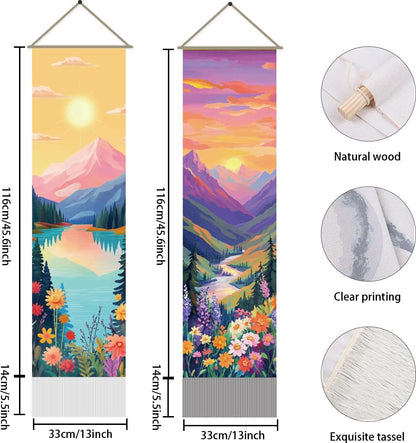 AHANDMAKER 2Pcs Colorful Sunrise and Sunset Tapestry, Mountain River Landscape Long Vertical Wall Hanging, Nature Scenery Tassel Wall Aesthetic Tapestry for Bedroom Living Room, 45.7x13Inch - color: Sunrise and Sunset
