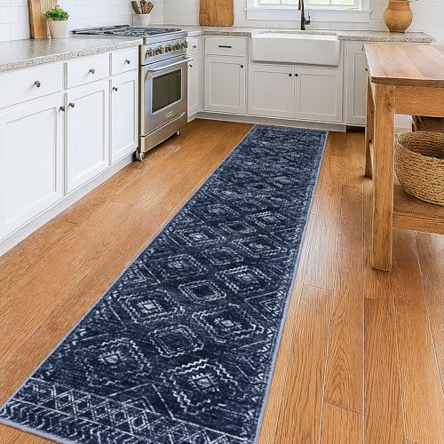 KILOCOCO Washable Runner Rug 2x10 Non Slip Runners for Hallway, Dark Blue - color: Dark Blue, size: 2' x 10' (Runner)