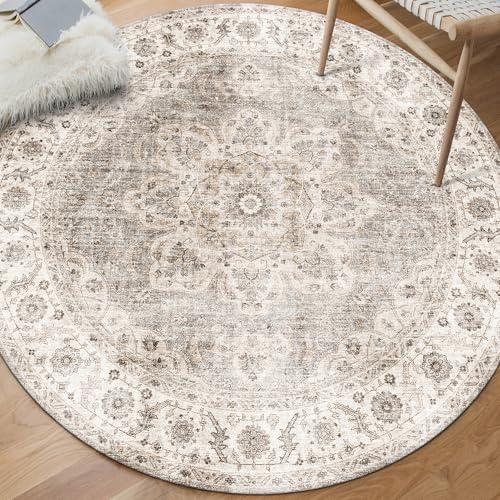 ReaLife Rugs Machine Washable Area Rug - Living Room Bedroom Bathroom Kitchen Entryway Office - Padded Low Pile Stain Resistant Premium - Boho Farmhouse Vintage - Joy - Beige Ivory 4' Round - color: Bev - Beige Tan Brown, size: 4' (Round)