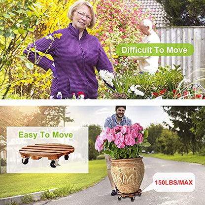 HOHY 2 Pack 12" Plant Caddy, Plant Stand with Wheels Wooden, Round
