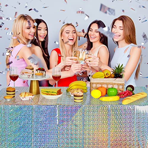 FunnyPars 4 Pack Iridescent Plastic Tablecloths Shiny Disposable Laser Rectangle Table Covers Holographic Foil Tablecloth Iridescent Party Decoration Birthday Bridal Wedding Christmas 54"x108"(Silver) - color: Silver
