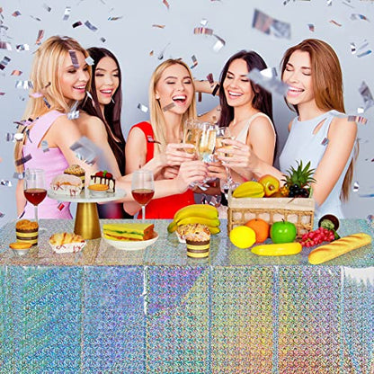 FunnyPars 4 Pack Iridescent Plastic Tablecloths Shiny Disposable Laser Rectangle Table Covers Holographic Foil Tablecloth Iridescent Party Decoration Birthday Bridal Wedding Christmas 54"x108"(Silver) - color: Silver
