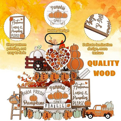 Maitys 23 Pcs Fall Tiered Tray Decor, Pumpkin Maple Leaf Truck Wooden Sign