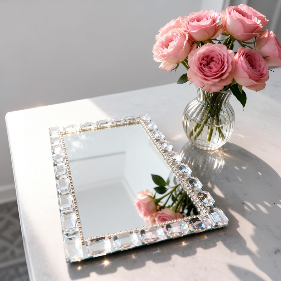 Crystal Mirror Perfume Tray, 11.8" x 7.9" Rectangle Glass Trays - color: Silver C