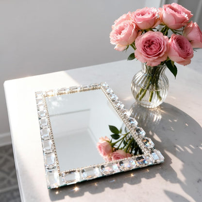 Crystal Mirror Perfume Tray, 11.8" x 7.9" Rectangle Glass Trays - color: Silver C
