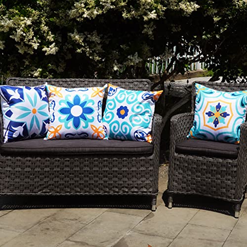 ONWAY Outdoor Boho Pillow Covers Waterproof 20x20 Set of 4 Floral Farmhouse Decorative Outdoor Throw Pillows for Bench Couch Patio Furniture Decorations - color: Blueyellow, size: 20" x 20" (Pack of 4)