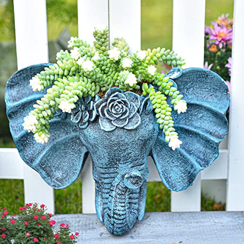 Sungmor Resin Elephant Head Wall Pot, Unique Bohemian Style Animal Face Planter, Vertical Hanging Plant Pot, Pretty Decorative Flower Pot for Indoor Outdoor Plants, for Gardening Lovers - color: Blue